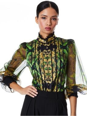 Alice + Olivia Black, Green & Gold Sheer Baroque Puff-Sleeve Blouse